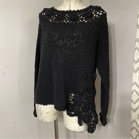 Carraig Donn‎ Black Crochet Flowers 100% Pure Irish Boho Indie Wool Sweater S - Picture 2 of 10